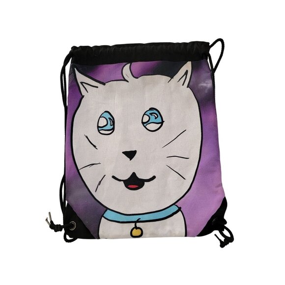Cartoon Cat Drawstring Gym Bag - Polyester Purple & Black - 19x15 Inches - Picture 1 of 4